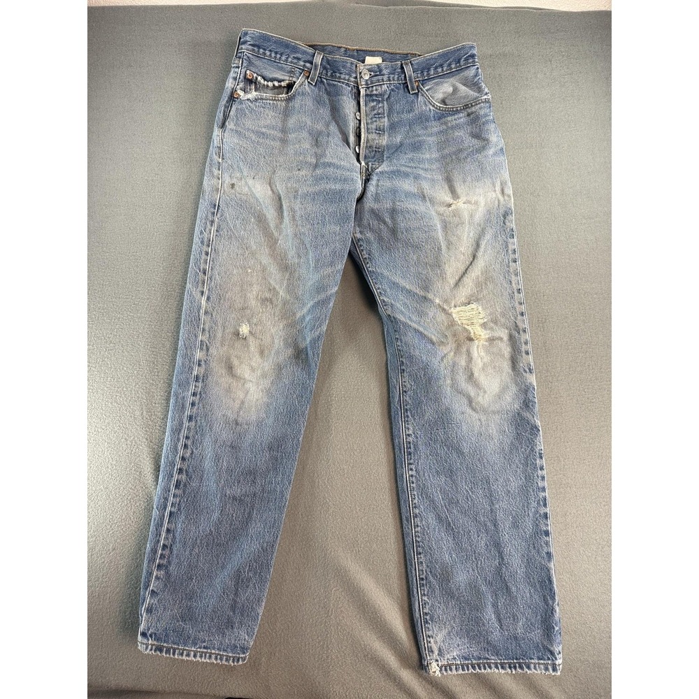 Levis 501 XX Jeans Mens 38x32 Light Wash Blue Regular Straight Denim Distressed